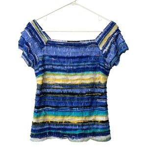 Bali Ruffled Top Striped Blouse Square Neck Blue Yellow M/M